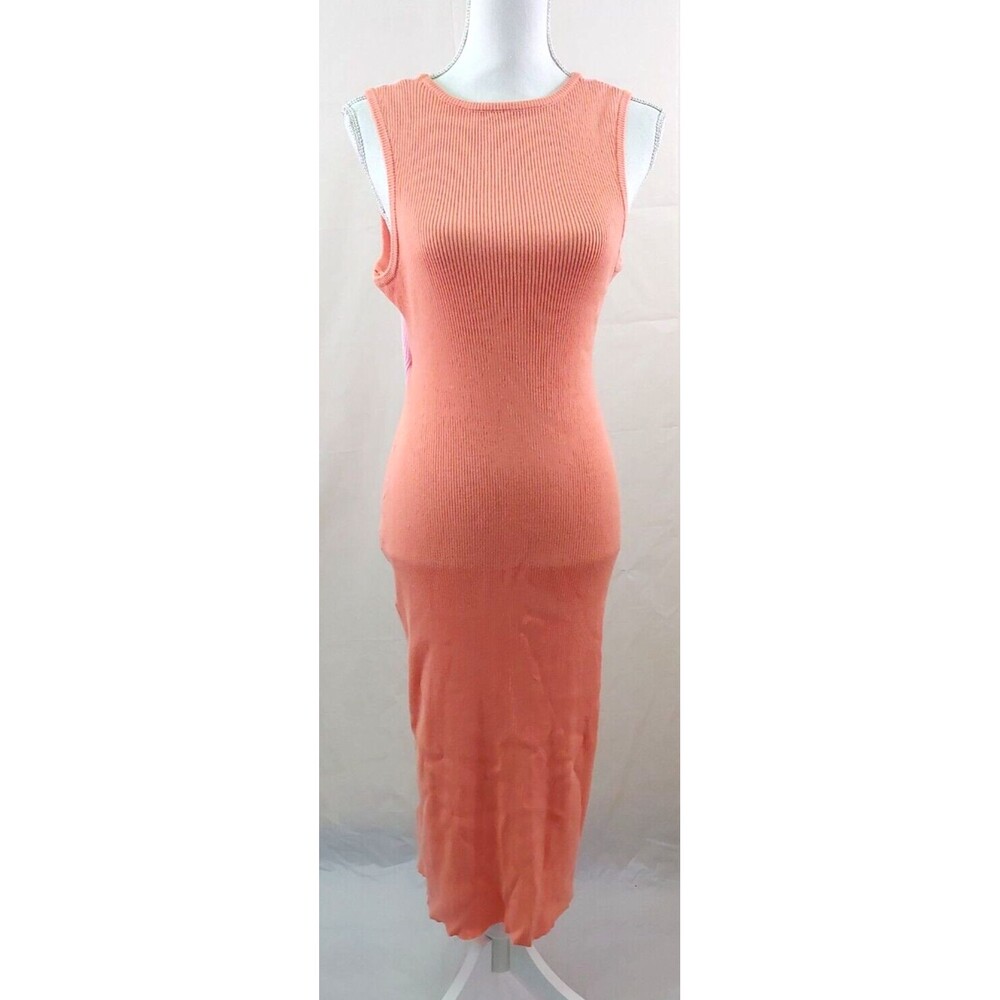 Boutique Open Back Dress Large Midi Ribbed Sleeveless Pink Orange  Stretch